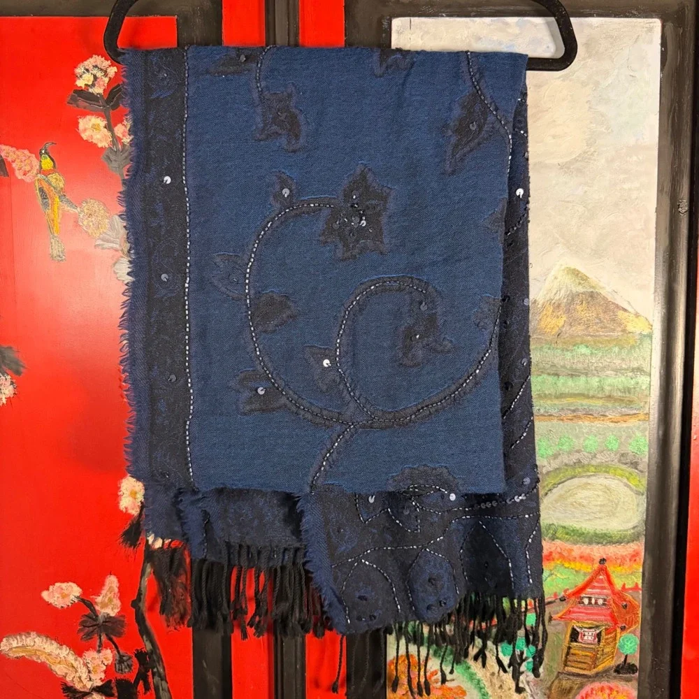 Whimsigoth Blue Black Beaded Sequin Floral Goth Fairy Fringe Scarf/Shawl